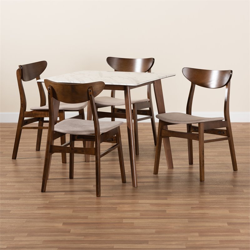 Baxton Studio Walnut Brown 5 Piece Dining Set with Faux Marble and Beige Seats