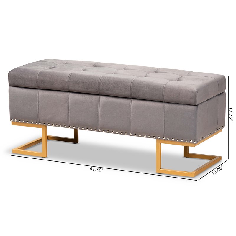 Baxton Studio Ellery Grey Velvet Fabric Upholstered and Gold Finished Ottoman