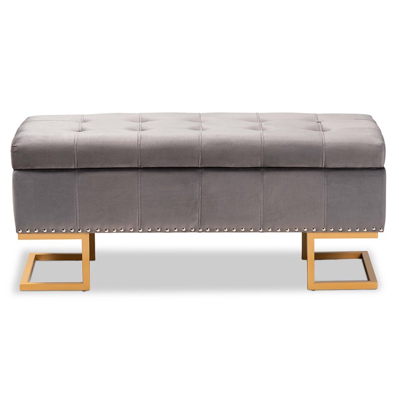 Baxton Studio Ellery Grey Velvet Fabric Upholstered and Gold Finished Ottoman