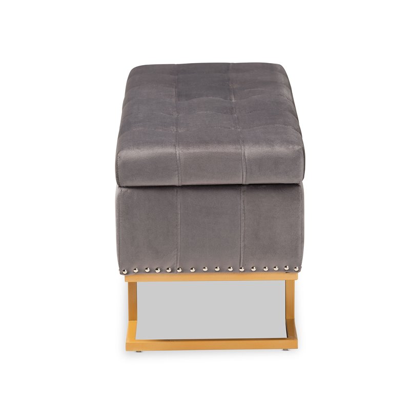 Baxton Studio Ellery Grey Velvet Fabric Upholstered and Gold Finished Ottoman
