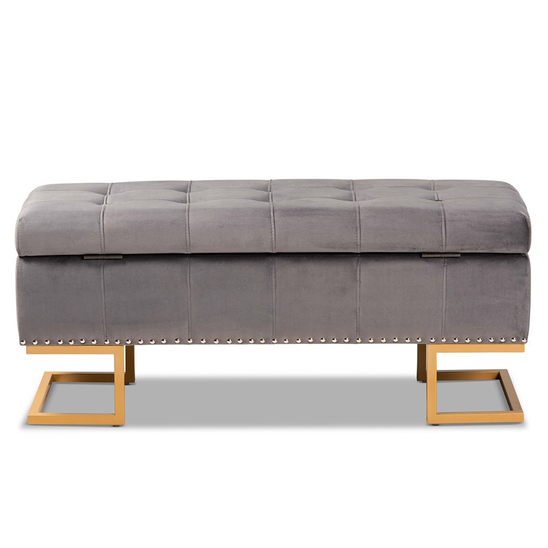 Baxton Studio Ellery Grey Velvet Fabric Upholstered and Gold Finished Ottoman