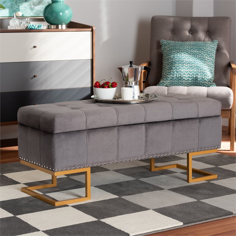 Baxton Studio Ellery Grey Velvet Fabric Upholstered and Gold Finished Ottoman