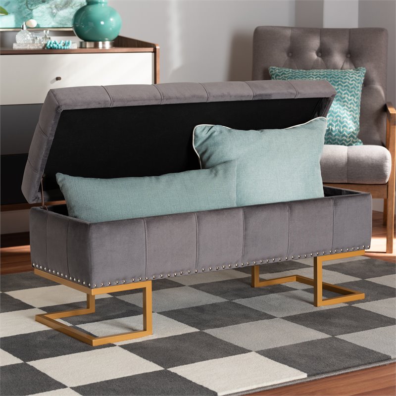 Baxton Studio Ellery Grey Velvet Fabric Upholstered and Gold Finished Ottoman