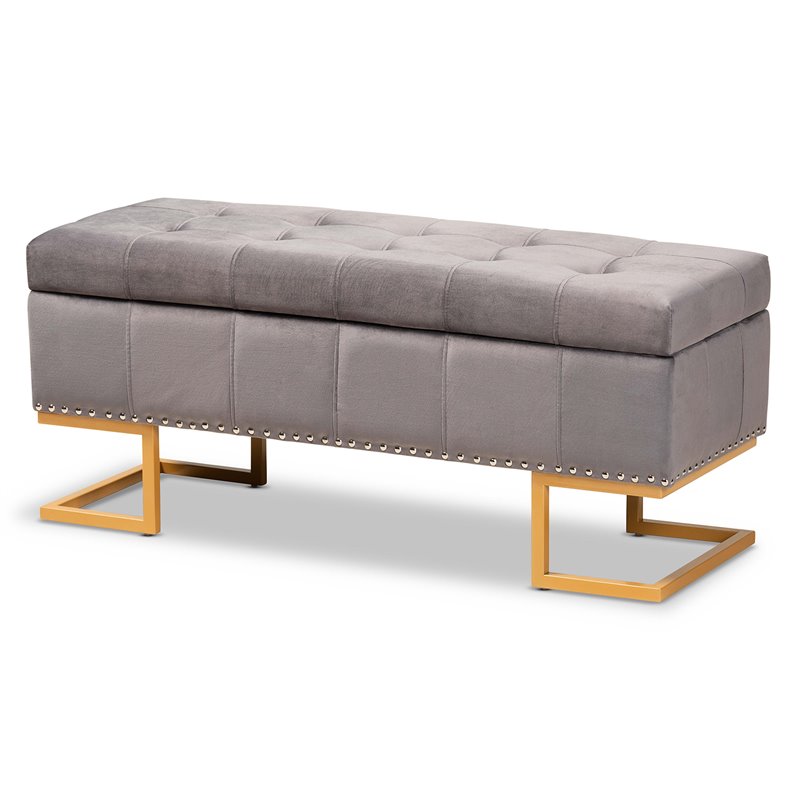 Baxton Studio Ellery Grey Velvet Fabric Upholstered and Gold Finished Ottoman