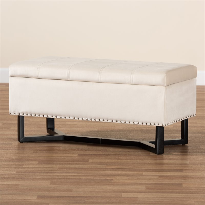 Baxton Studio Beige Velvet and Brown Finished Wood Storage Ottoman