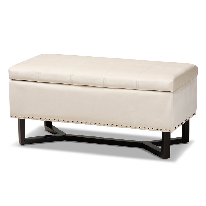Baxton Studio Beige Velvet and Brown Finished Wood Storage Ottoman