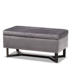 Baxton Studio Grey Velvet and Brown Finished Wood Storage Ottoman
