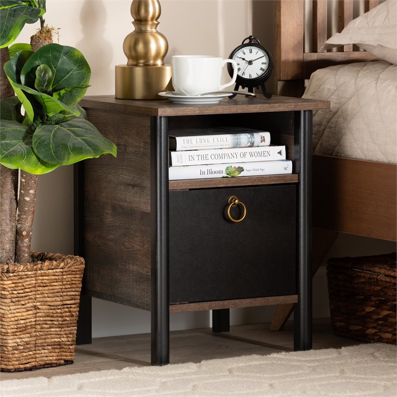 Baxton Studio Vaughan Two-Tone Rustic Brown and Black Finished Wood Nightstand