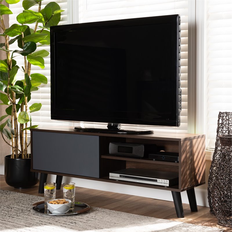Baxton Studio Mallory Two-Tone Walnut Brown and Grey Finished Wood TV Stand