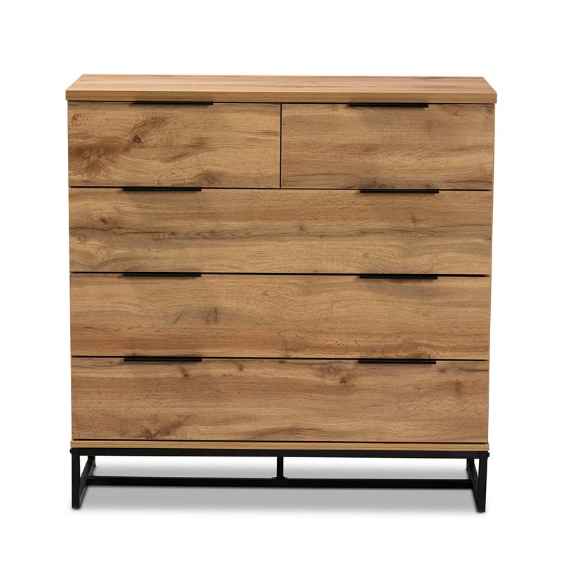 Baxton Studio Franklin 5-Drawer Engineered Wood Bedroom Chest in Oak Brown/Black