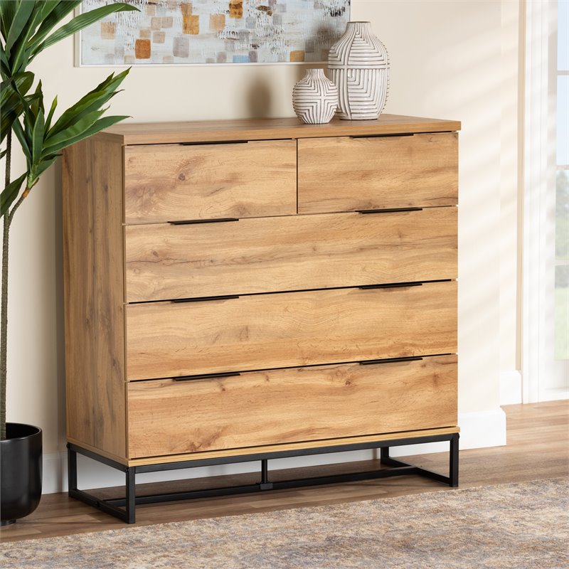 Baxton Studio Franklin 5-Drawer Engineered Wood Bedroom Chest in Oak Brown/Black