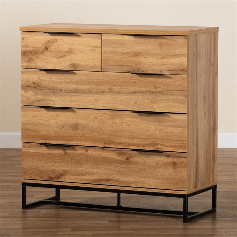 Baxton Studio Franklin 5-Drawer Engineered Wood Bedroom Chest in Oak Brown/Black