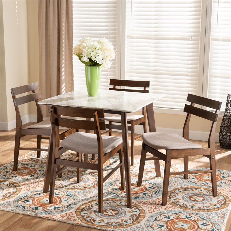Baxton Studio Brown Wood 5-Piece Dining Set with Faux Marble Dining Table
