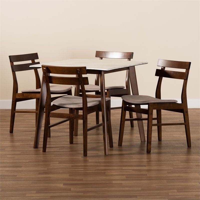 Baxton Studio Brown Wood 5-Piece Dining Set with Faux Marble Dining Table