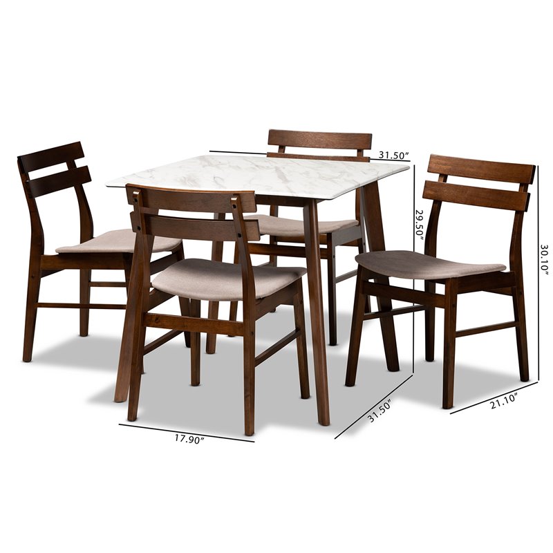 Baxton Studio Brown Wood 5-Piece Dining Set with Faux Marble Dining Table