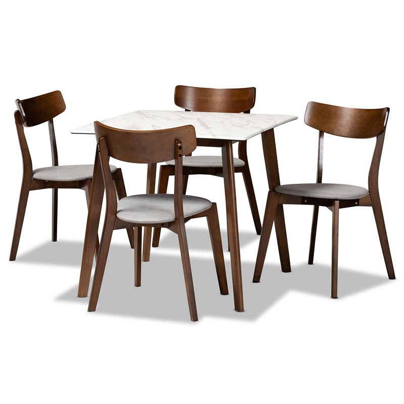 Baxton Studio Brown Wood 5-Piece Dining Set with Faux Marble Dining Table