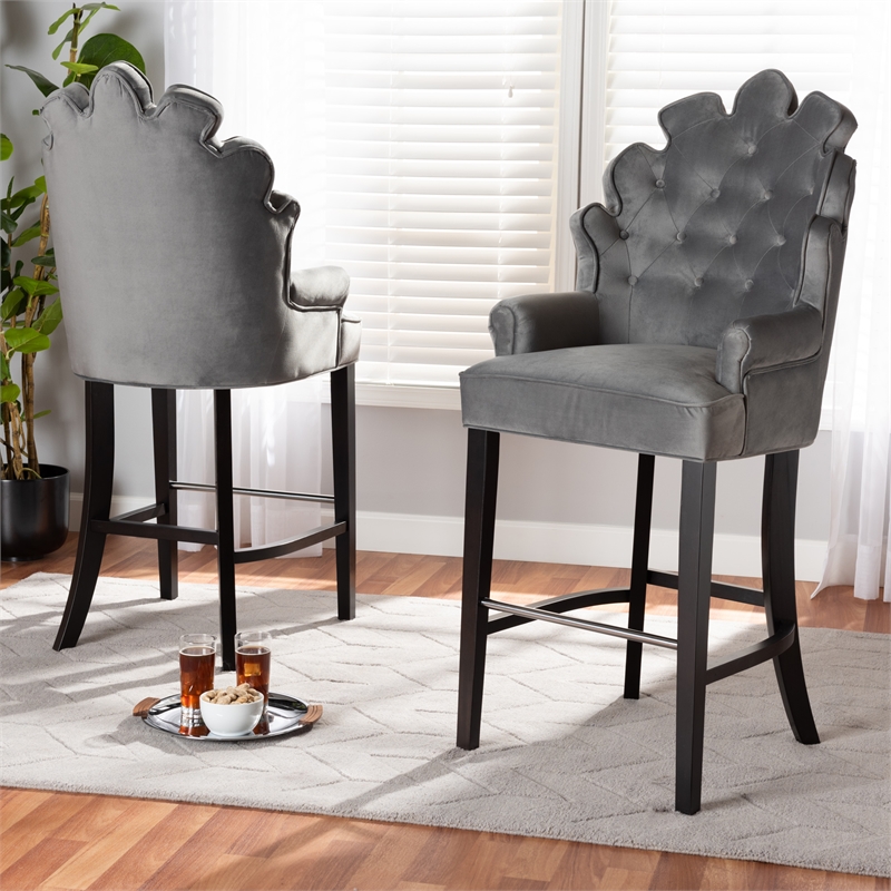 Baxton Studio Chloe Dark Grey and Dark Brown Finished Wood 2-Piece Bar Stool Set