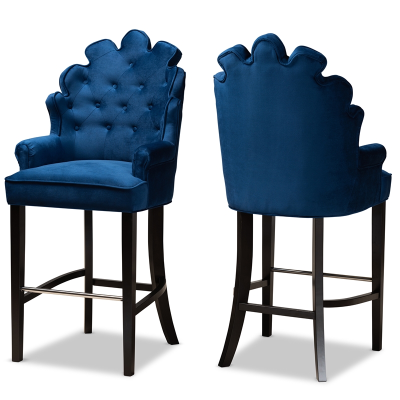 Baxton Studio Chloe Navy Blue and Dark Brown Finished Wood 2-Piece Bar Stool Set