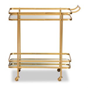 baxton studio destin gold finished metal and glass 2-tier mobile wine bar cart