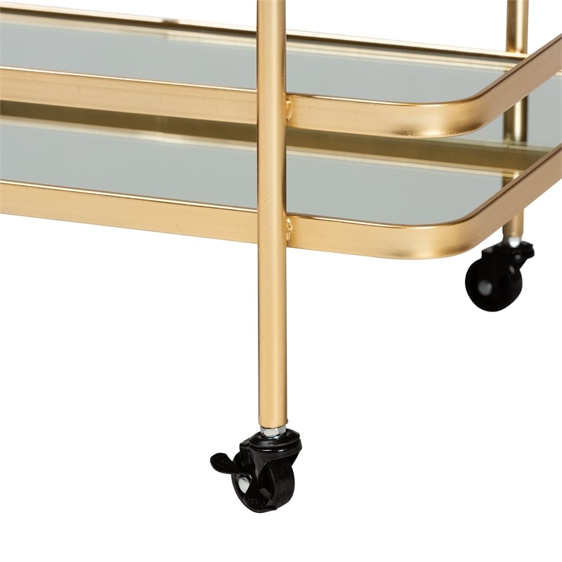 Baxton Studio Destin Gold Finished Metal and Glass 2-Tier Mobile Wine Bar Cart
