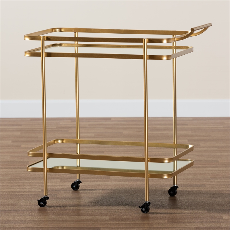 Baxton Studio Destin Gold Finished Metal and Glass 2-Tier Mobile Wine Bar Cart