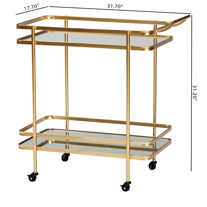 Baxton Studio Destin Gold Finished Metal and Glass 2-Tier Mobile Wine Bar Cart