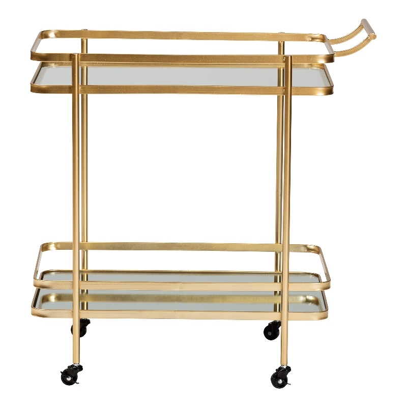 Baxton Studio Destin Gold Finished Metal and Glass 2-Tier Mobile Wine Bar Cart