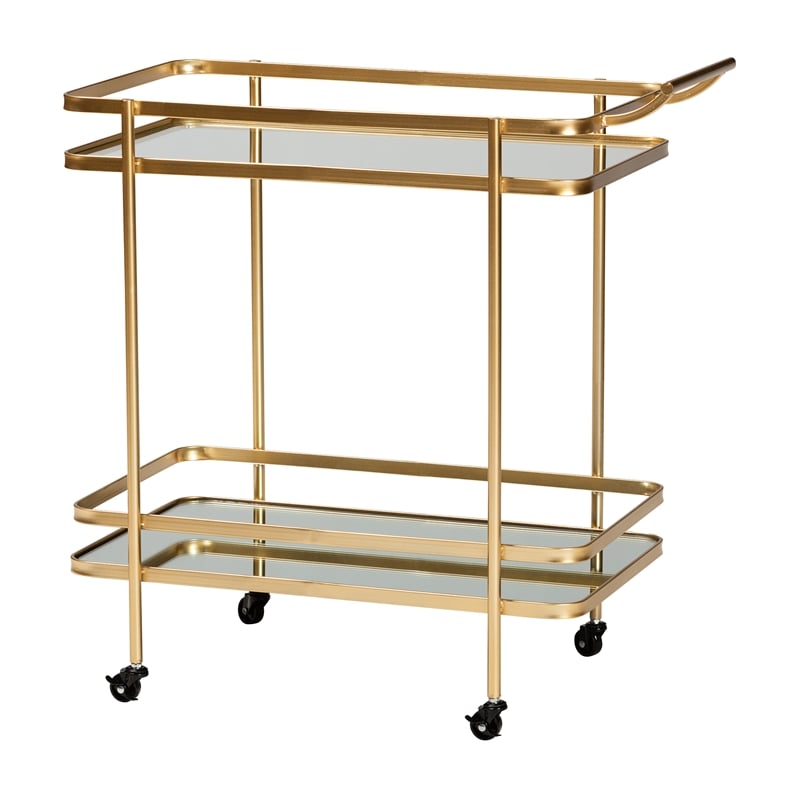 Baxton Studio Destin Gold Finished Metal and Glass 2-Tier Mobile Wine Bar Cart