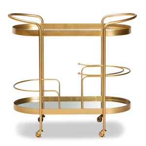 baxton studio kamal gold finished metal and glass 2-tier mobile wine bar cart
