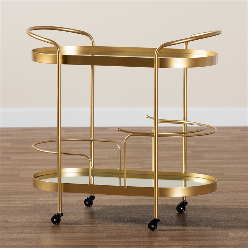 Baxton Studio Kamal Gold Finished Metal and Glass 2-Tier Mobile Wine Bar Cart