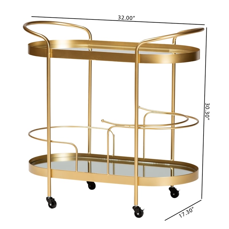 Baxton Studio Kamal Gold Finished Metal and Glass 2-Tier Mobile Wine Bar Cart