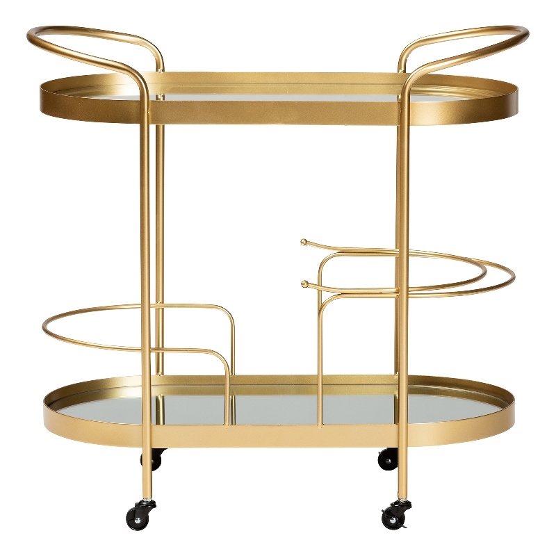 Baxton Studio Kamal Gold Finished Metal and Glass 2-Tier Mobile Wine Bar Cart