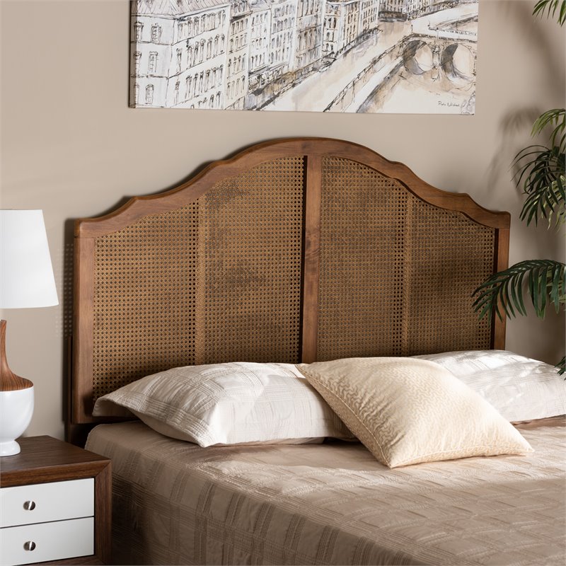 Baxton Studio Iris Walnut Finished Wood and Rattan King Size Arched Headboard