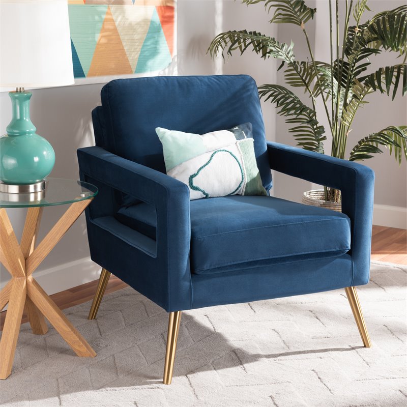Baxton Studio Leland Navy Blue Gold Finished Armchair
