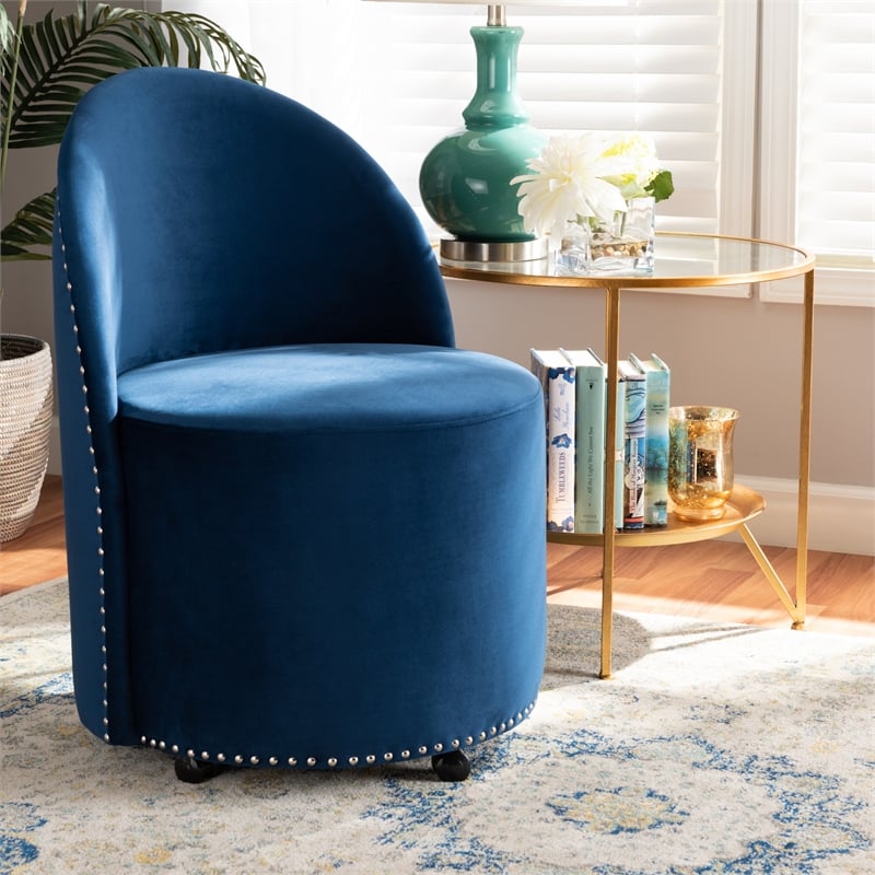 Baxton Studio Bethel Navy Blue Velvet Fabric Upholstered Rolling Accent Chair