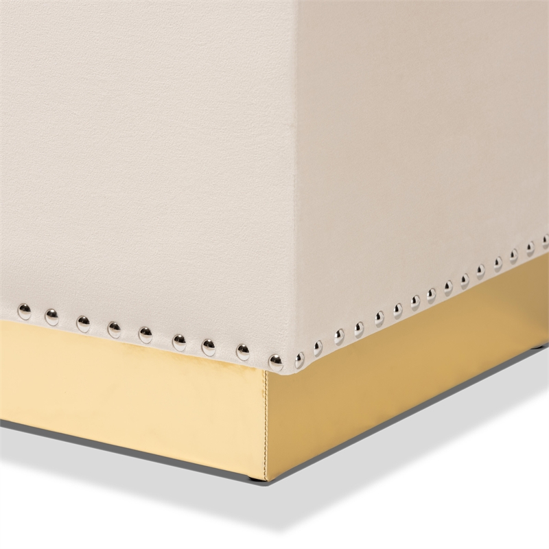 Baxton Studio Beige Velvet Upholstered Storage Ottoman in Gold PU Leather Base