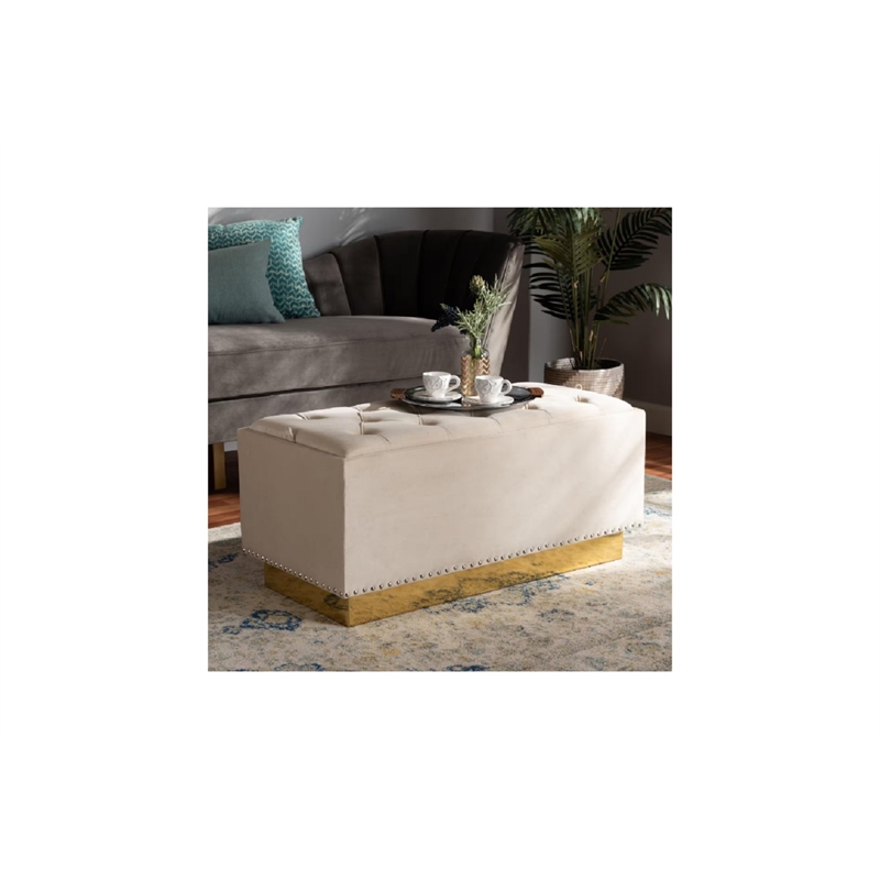 Baxton Studio Beige Velvet Upholstered Storage Ottoman in Gold PU Leather Base