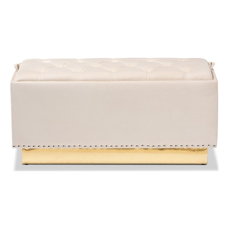 Baxton Studio Beige Velvet Upholstered Storage Ottoman in Gold PU Leather Base