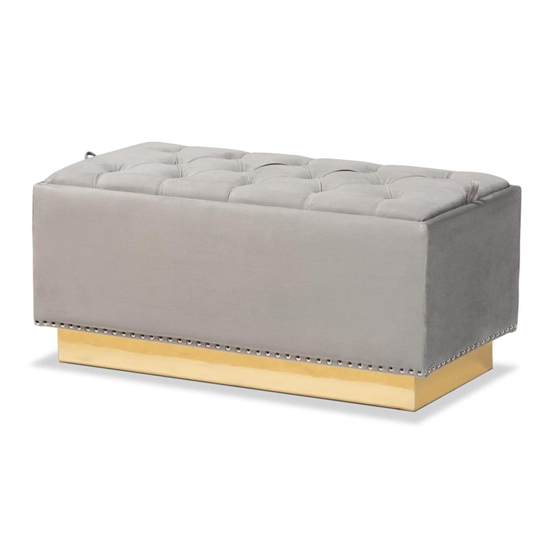 Baxton Studio Grey Velvet Fabric Upholstered and Gold PU Leather Storage Ottoman