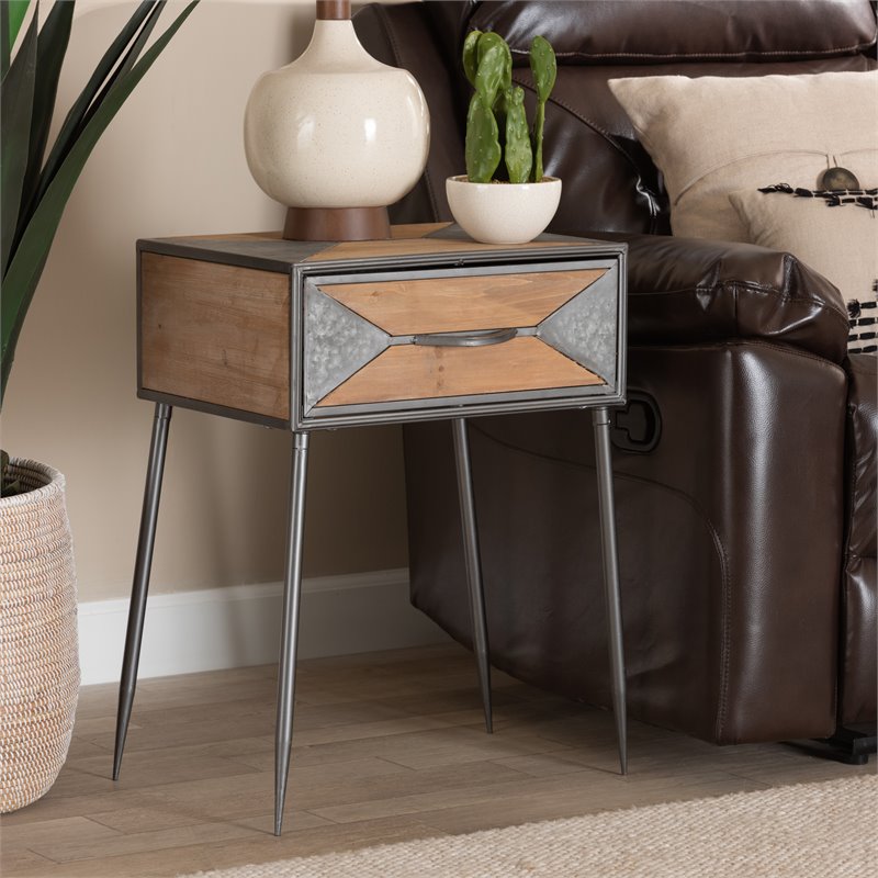 Baxton Studio Laurel Grey Metal and Whitewashed Brown Wood 1-Drawer End Table