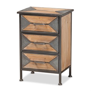 baxton studio laurel antique grey metal and brown wood 3-drawer end table