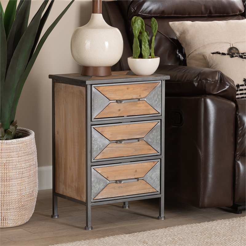 Baxton Studio Laurel Antique Grey Metal and Brown Wood 3-Drawer End Table