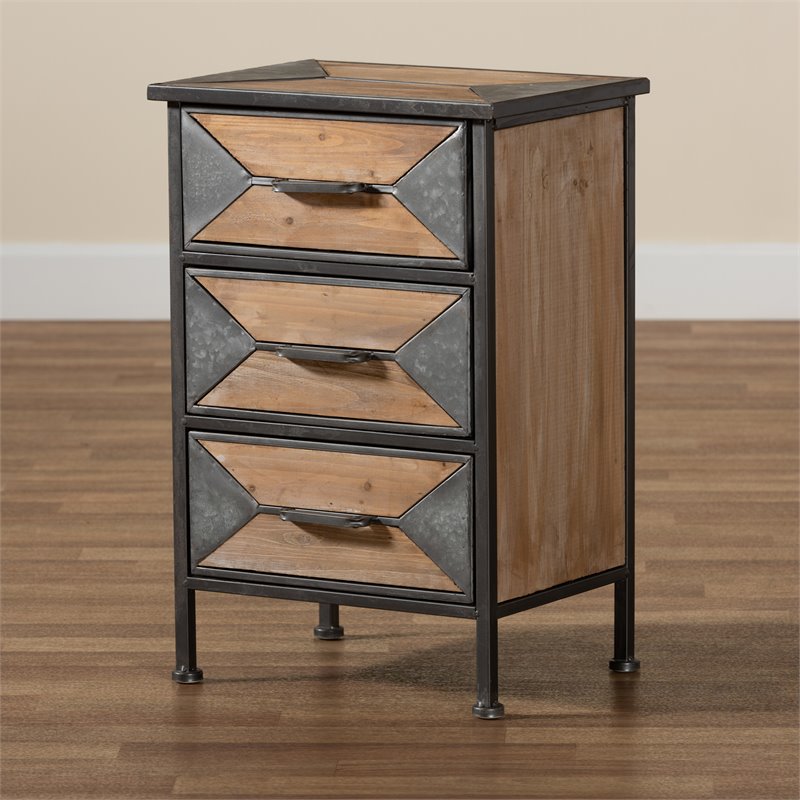 Baxton Studio Laurel Antique Grey Metal and Brown Wood 3-Drawer End Table