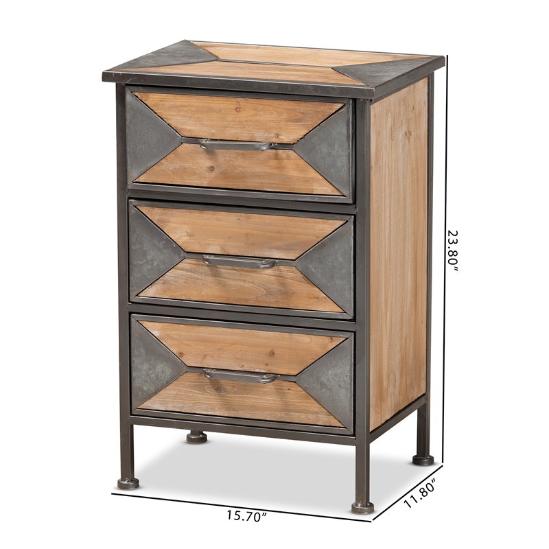 Baxton Studio Laurel Antique Grey Metal and Brown Wood 3-Drawer End Table