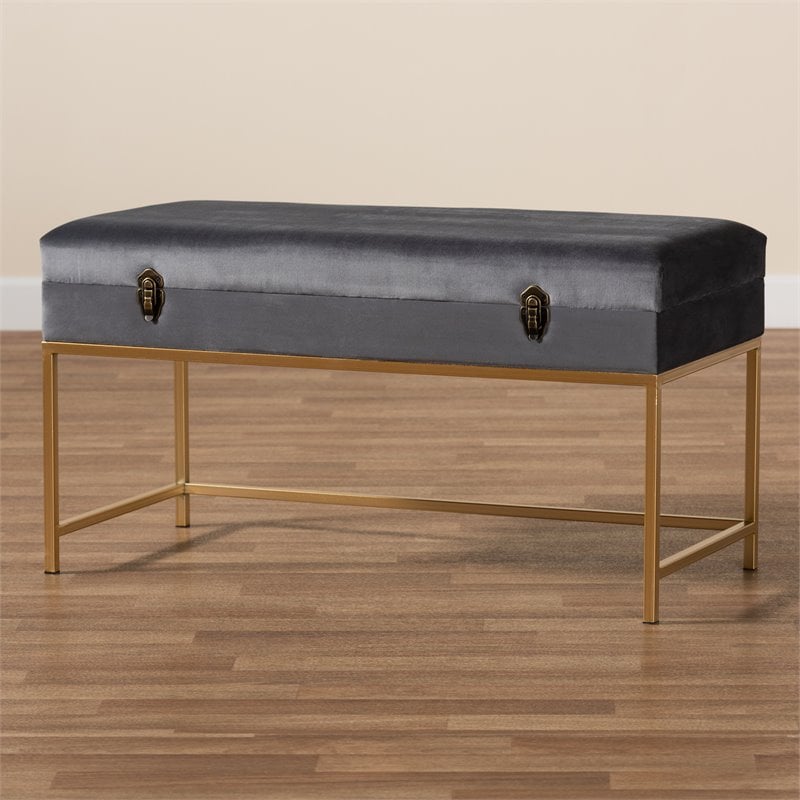 Baxton Studio Aliana Velvet Fabric and Gold Finished Metal Large Ottoman