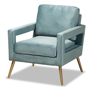 Baxton Studio Leland Velvet Upholstered Accent Chair in Blue with Gold Legs