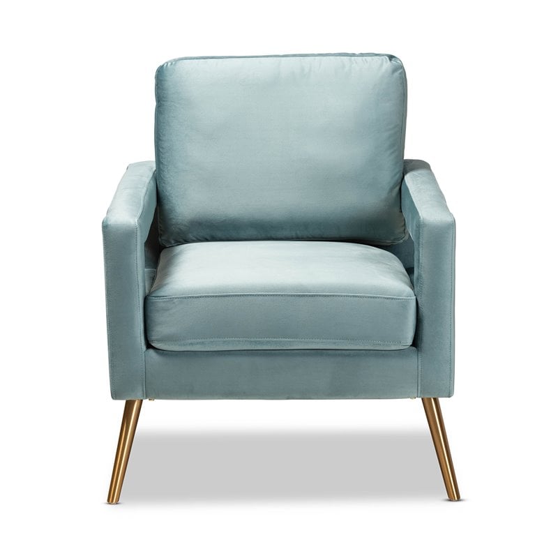 Baxton Studio Leland Velvet Upholstered Accent Chair in Blue with Gold Legs
