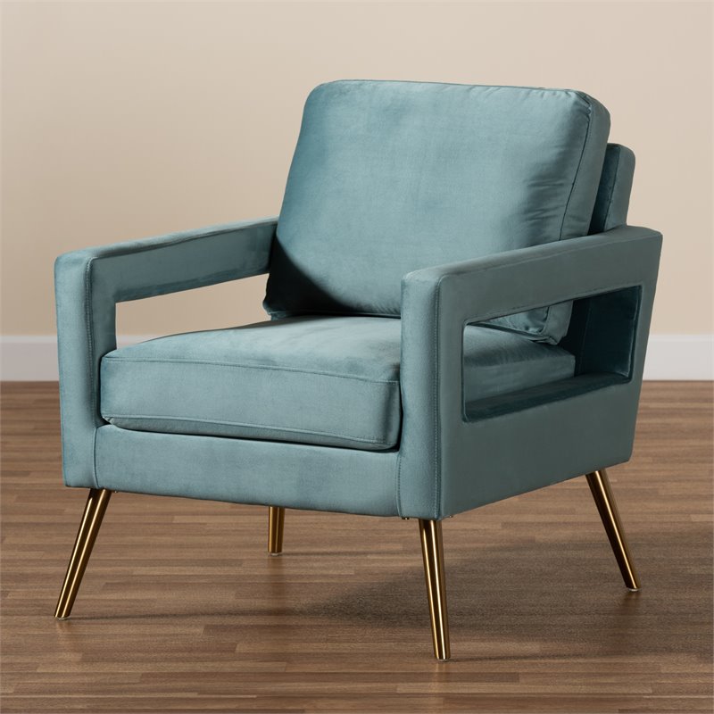 Baxton Studio Leland Velvet Upholstered Accent Chair in Blue with Gold Legs