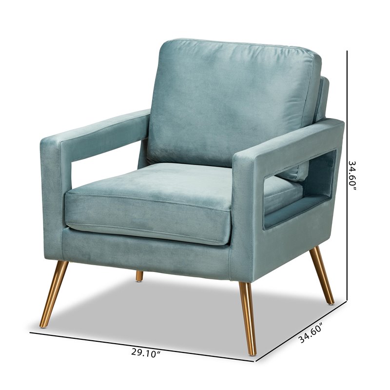 Baxton Studio Leland Velvet Upholstered Accent Chair in Blue with Gold Legs