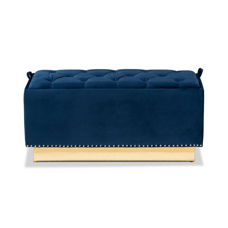 Baxton Studio Navy Blue Velvet Fabric Upholstered and Gold PU Leather Ottoman